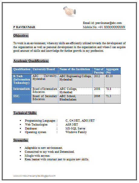 Resume format for freshers free download